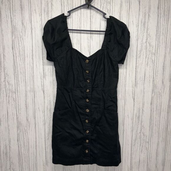 Womens Size 4 Madewell Linen Blend Puff Sleeve Dress Black EUC - Picture 2 of 6